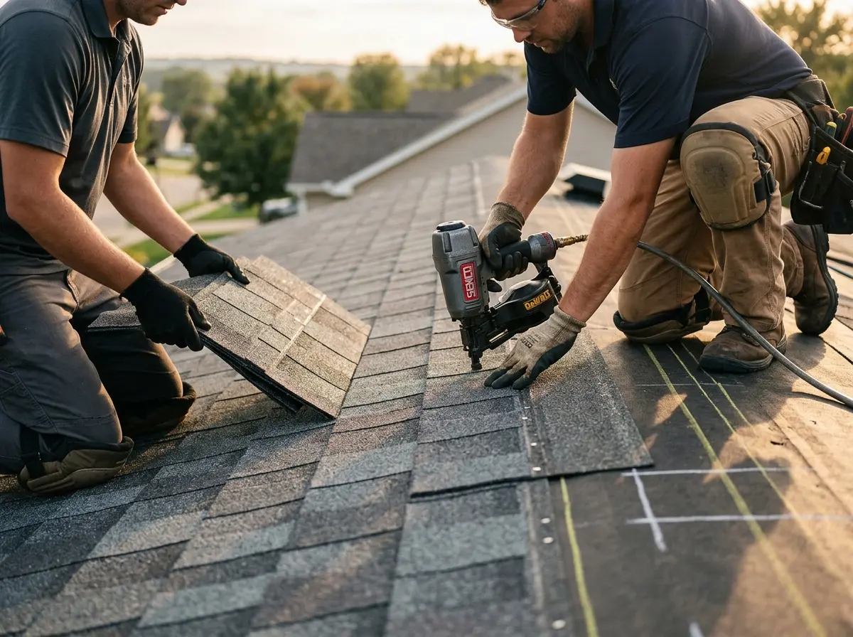 Professional roofer working on a residential roof in Eden